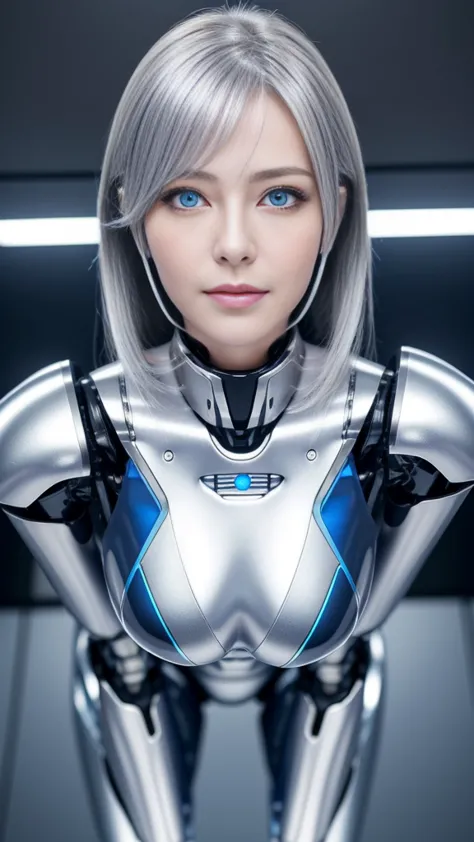 ((best quality)), ((masterpiece)), (detailed), perfect face,female robot,japanese woman,50 years old,silver hair,blue eye,machin...