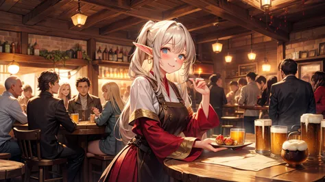 an illustrated scene set in a lively fantasy tavern at dusk. 陽気なelfのウェイトレスに焦点を当てています, young woman with long flowing hair and poi...