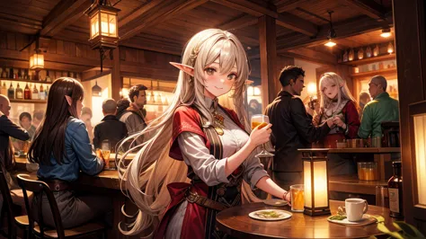 an illustrated scene set in a lively fantasy tavern at dusk. 陽気なelfのウェイトレスに焦点を当てています, young woman with long flowing hair and poi...