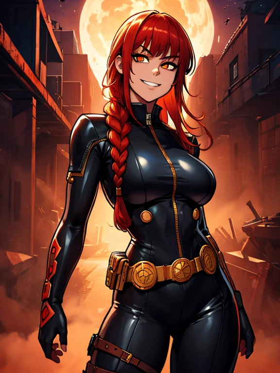 makima \(chainsaw man\), best quality, ultra detailed, 1girl, solo, standing, red hair, long braided hair, golden eyes, bangs, round breasts, wide hips, black leather suit, metallic utility belt, stare, (Evil grin:1.2), looking at viewer, color connection, colorized, vibrant color scheme, colorful, spot color, cinematography, hyperdetailed, beautiful face, 4k, HD, artstation trending on artstation,
