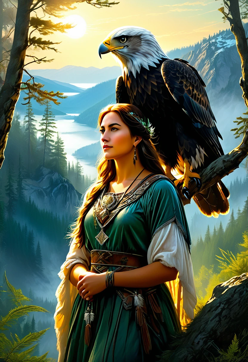 A captivating scene featuring a young woman with an eagle perched on her arm. The woman stands gracefully, dressed in rustic yet elegant attire that suggests a connection with nature. The eagle, majestic and powerful, sits calmly on her outstretched arm, its sharp eyes and detailed feathers depicted with precision. The background shows a serene natural setting, perhaps a forest or a mountainside, with the soft light of dawn or dusk adding a magical quality to the scene. The bond between the woman and the eagle is evident, evoking a sense of harmony and strength.
