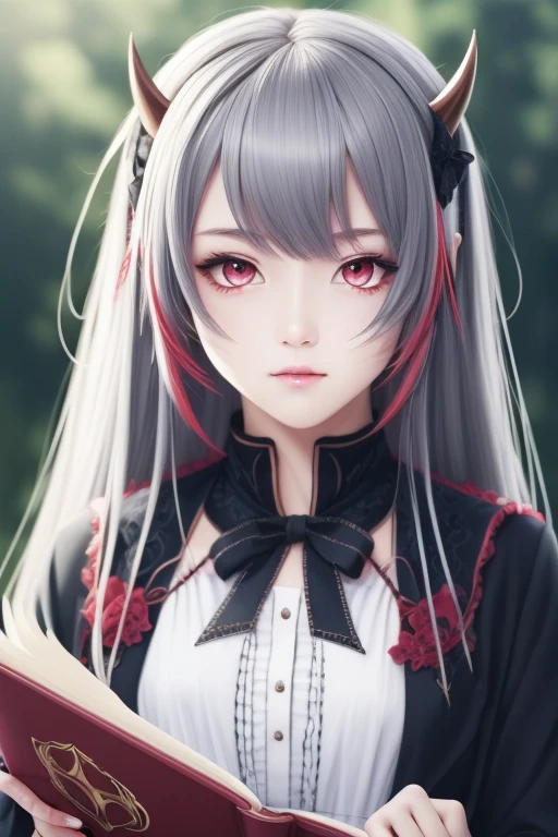 8k, Highest quality, Manga style, View your viewers, Intricate details,One person, Nakiri Ayame, ２Demon horns in the book, Multicolored Hair, Long Hair, Red eyes, Gray Hair,