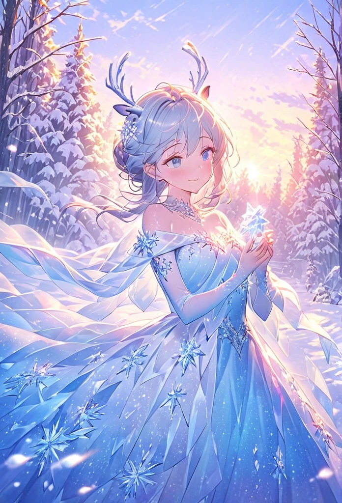 Picture Elsa from Frozen in an enchanting, snow-covered forest at dawn. She’s wearing a shimmering, ice-blue gown that glitters like frost in the morning light. The trees around her are tall and majestic, their branches covered in delicate icicles that catch the soft, pinkish glow of the sunrise. Elsa extends her hand, creating a beautiful ice sculpture of a reindeer that stands lifelike and majestic beside her. The snow beneath her feet sparkles like diamonds, and the air is filled with the quiet magic of a winter morning. Her expression is serene, with a hint of a smile, as she feels at peace in this winter wonderland.