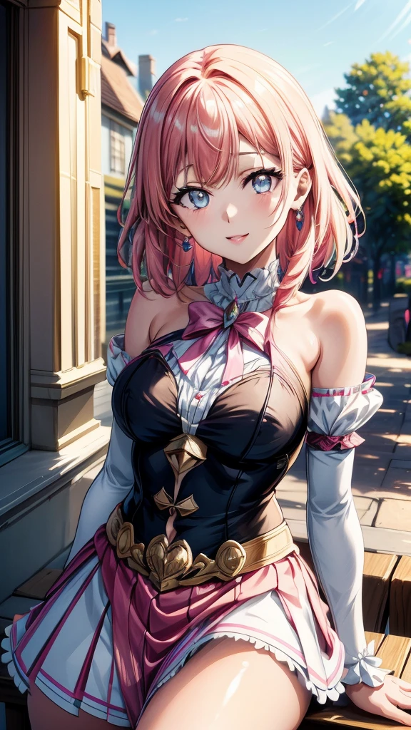 “(Top Quality, Masterpiece, Ultra High Definition, High Resolution, HDR, Unity 8K Wallpaper, Beautiful details, depth, delicacy, vibrant colors). A single girl in an anime style inspired by Epic Seven. She has beautifully detailed eyes, lips and face, her eyelashes are long, she wears an intricate and revealing gyaru-style uniform, a mini skirt, cute ribbons, accessories, her hands are not shown, her hair is multicolored with a striped curly texture, her hands are behind her back, a mix of rainbow hues and half white, half pink tones, the focus is on her upper body, capturing her smiling expression, her arms down, the accented mini skirt, this image highlights her attractive and adorable appearance, exuding an erotic and cute atmosphere. The girl's hairstyle is distinctive and different, adding uniqueness to her look, her hands are behind her back, this scene is rendered in ultra high definition CG, every detail is crisp and sharp.”