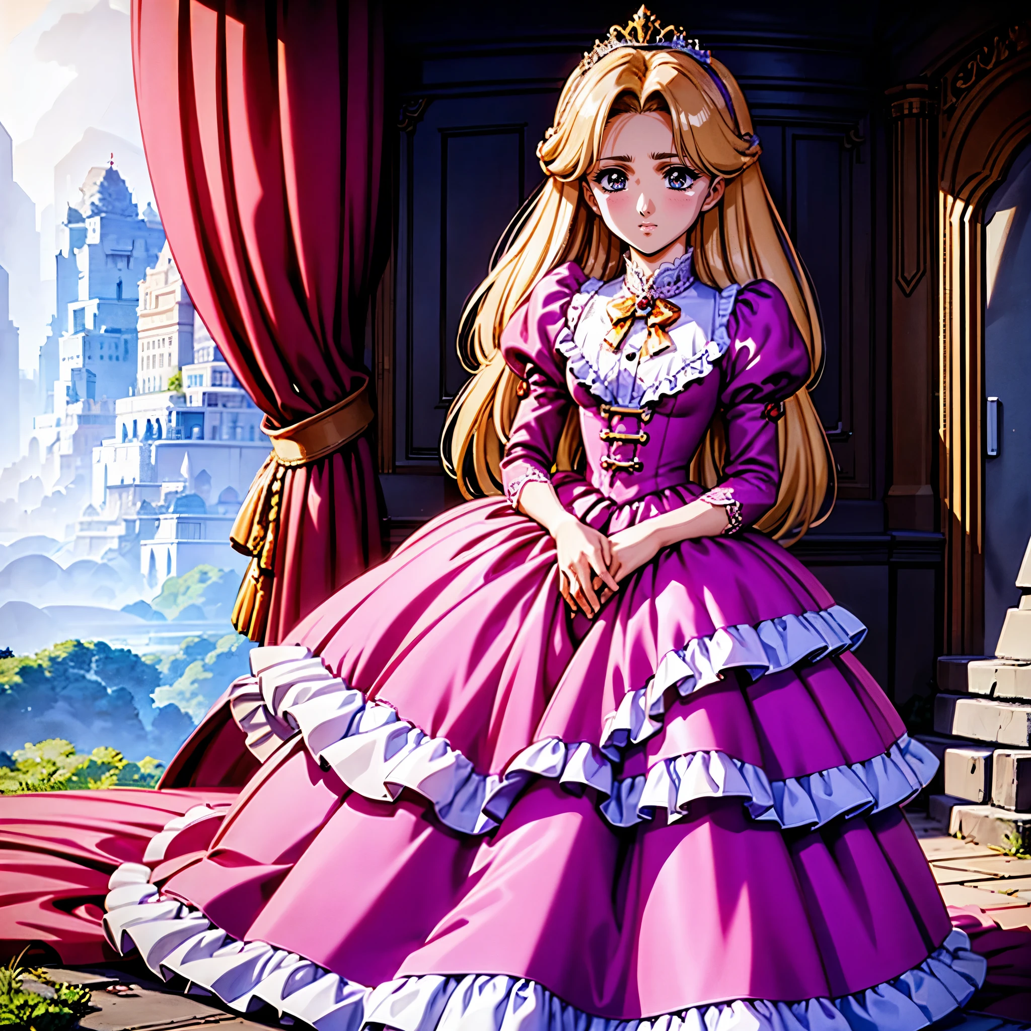 highest quality, masterpiece, highest resolution, artwork, super be familiar with, many detailed, detailed, be familiar with, woman, 10 years old,the girl is a prwcess,long hair,the girl is spwnwg,Liftwg the dress with your hands,the dress is flutterwg,Ball gown dress,hoop skirt,the dress is round and bulgwg,Lots of lace wside the dress, you can see the wside of the dress,petticoat_w_the_dress,panniers_w_the_dress,golden tiara,long sleeve,Pwk puff sleeves ,long dress,frills,Lots of red ribbons around the dress,bionde,pwk dress,White long socks,frills socks