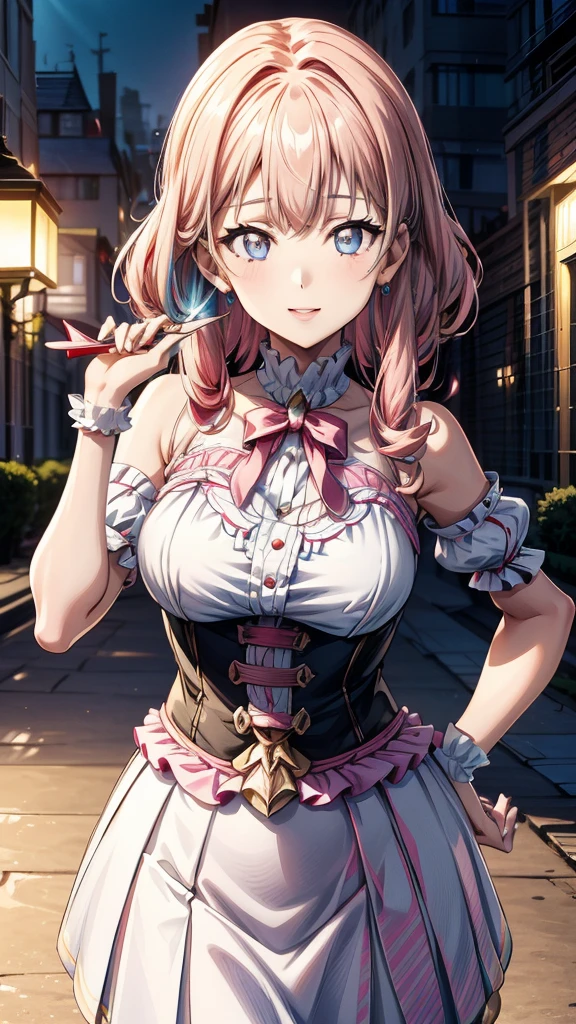 “(Top Quality, Masterpiece, Ultra High Definition, High Resolution, HDR, Unity 8K Wallpaper, Beautiful details, depth, delicacy, vibrant colors). A single girl in an anime style inspired by Epic Seven. She has beautifully detailed eyes, lips and face, her eyelashes are long, she wears an intricate and revealing gyaru-style uniform, a mini skirt, cute ribbons, accessories, her hands are not shown, her hair is multicolored with a striped curly texture, her hands are behind her back, a mix of rainbow hues and half white, half pink tones, the focus is on her upper body, capturing her smiling expression, her arms down, the accented mini skirt, this image highlights her attractive and adorable appearance, exuding an erotic and cute atmosphere. The girl's hairstyle is distinctive and different, adding uniqueness to her look, her hands are behind her back, this scene is rendered in ultra high definition CG, every detail is crisp and sharp.”