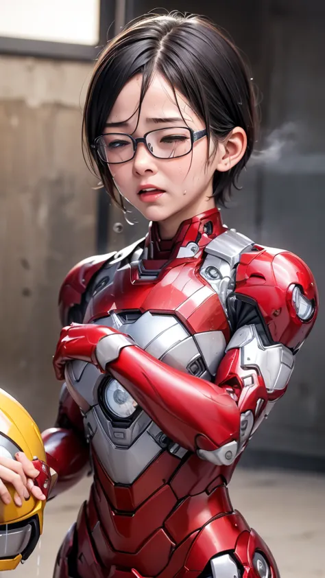 highest quality　8k iron man suit girl　kindergarten girl　sweaty face　cute　short hair　boyish　steam coming out of my head　my hair i...