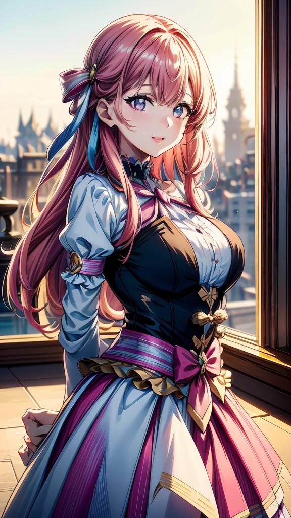 “(Top Quality, Masterpiece, Ultra High Definition, High Resolution, HDR, Unity 8K Wallpaper, Beautiful details, depth, delicacy, vibrant colors). A single girl in an anime style inspired by Epic Seven. She has beautifully detailed eyes, lips and face, her eyelashes are long, she wears an intricate and revealing gyaru-style uniform, a mini skirt, cute ribbons, accessories, her hands are not shown, her hair is multicolored with a striped curly texture, her hands are behind her back, a mix of rainbow hues and half white, half pink tones, the focus is on her upper body, capturing her smiling expression, her arms down, the accented mini skirt, this image highlights her attractive and adorable appearance, exuding an erotic and cute atmosphere. The girl's hairstyle is distinctive and different, adding uniqueness to her look, her hands are behind her back, this scene is rendered in ultra high definition CG, every detail is crisp and sharp.”