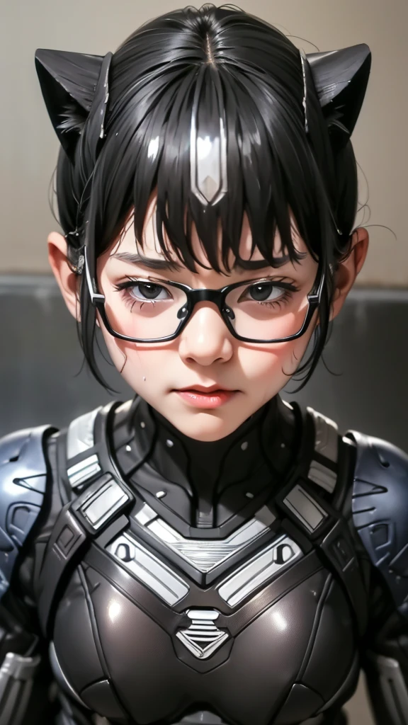 Highest quality　8k black panther Suit Girl　Kindergarten girl　Sweaty face　cute　short hair　boyish　Steam coming out of my head　My hair is wet with sweat　The feel of black hair　Full body portrait　My upper body is soaked　Glasses　Changing clothes　Take off　Sweat flying　Blurry expression　Sweaty hair