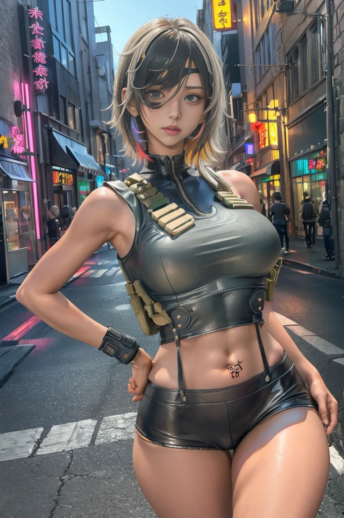 (One Girl), ((desertの戦闘服, Have a weapon, Tactical Goggles, Bulletproof vest, Fully clothed:1.4)), ((Small breasts, Rounded breasts:1.3)), ((Accentuated breasts, Large pelvis, Wide Hips, abdomen, Tight waist, Curvy waist:1.2)), ((slim, 大きな胸とthinウエスト, thin, Skinny belly:1.2)), Modern Hairstyles, Colored striped hair, Blonde､Hair highlights, ((Proud face)), ((Tattoo:1.1)), Tabletop, Highest quality, Realistic, Ultra-high resolution, Depth of written boundary, (Full dual color neon lighting:1.2), (Detailed face:1.2), (Detailed eyes:1.2), (Detailed Background:1.2), (desert, Action sequence, Cinema Lighting, desertの嵐:1.2) (Tabletop:1.2), (Ultra-detailed), (Highest quality), Complex, Overall Movie, Magical Pictures, (Gradation), colorful, Detailed landscape, Visual Key, Glowing Skin,