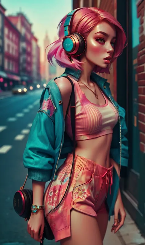 model girl wearing headphones, city background, intricate details, aesthetically pleasing pastel colors, poster background, art ...