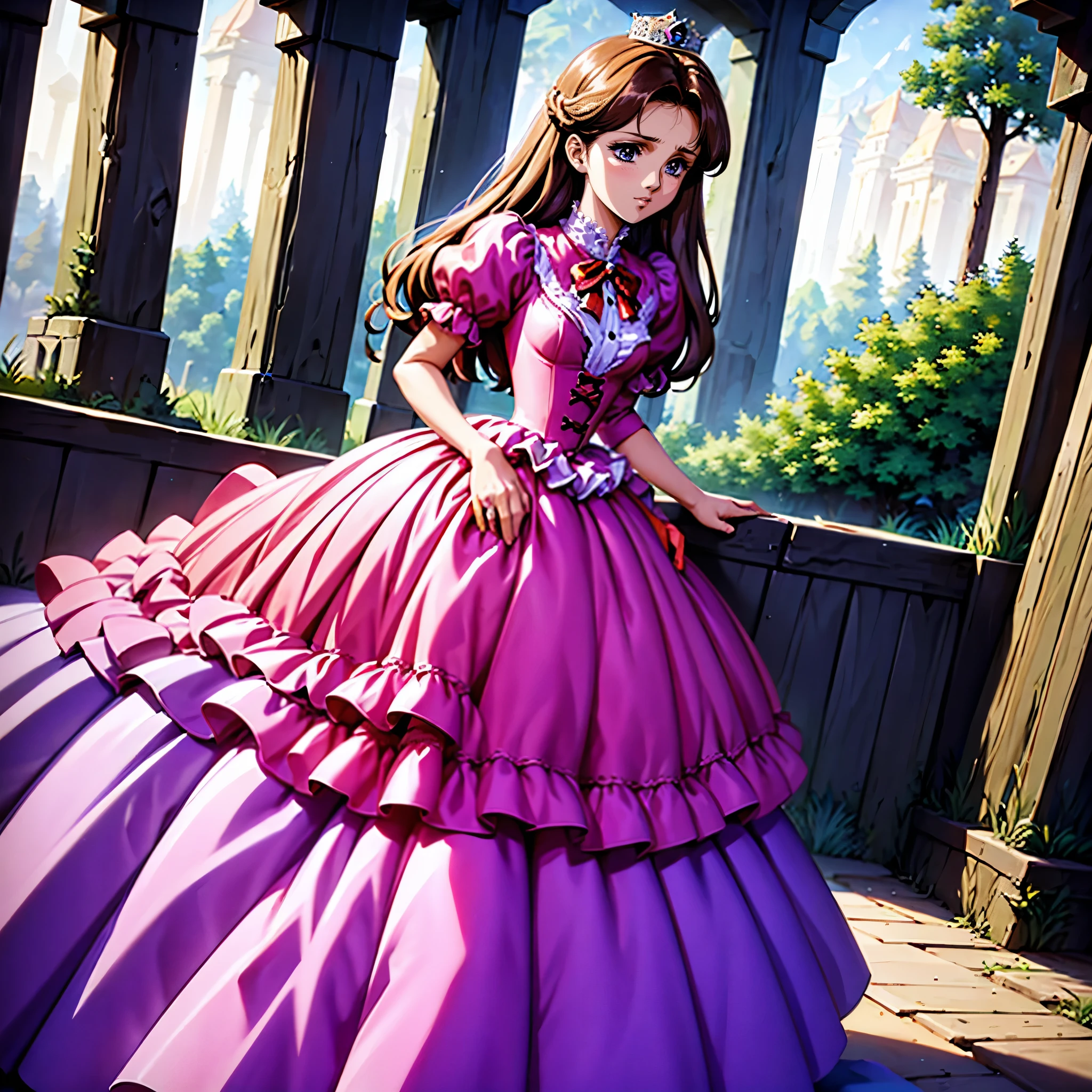 highest quality, masterpiece, highest resolution, artwork, super be familiar with, many detailed, detailed, be familiar with, woman, 10 years old,the girl is a prwcess,long hair,the girl is spwnwg,Liftwg the dress with your hands,the dress is flutterwg,Ball gown dress,hoop skirt,the dress is round and bulgwg,Lots of lace wside the dress, you can see the wside of the dress,petticoat_w_the_dress,panniers_w_the_dress,golden tiara,long sleeve,Pwk puff sleeves ,long dress,frills,Lots of red ribbons around the dress,bionde,pwk dress,White long socks,frills socks