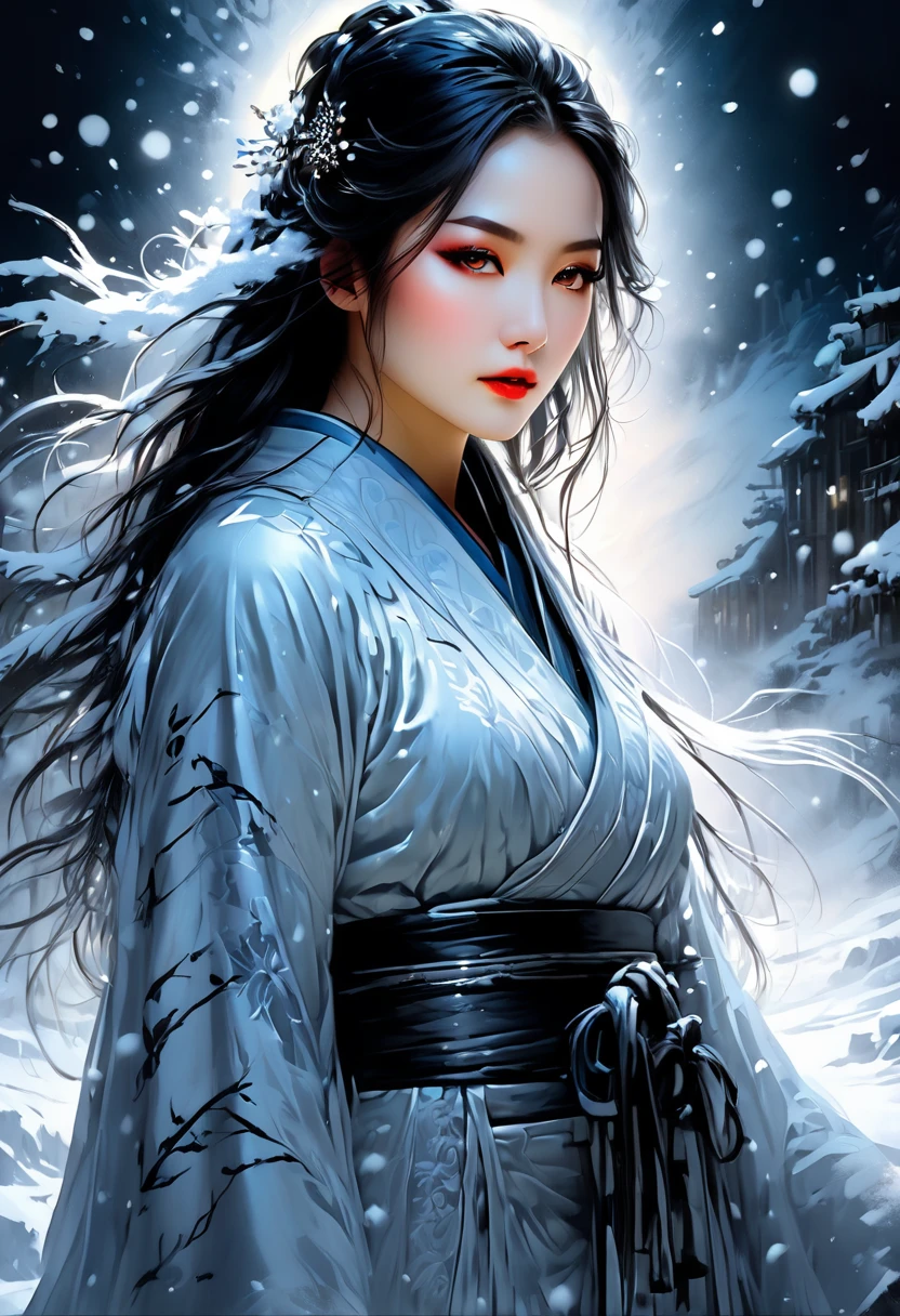 Detailed, masterpiece, professional, bold colors, awe inspiring, photography inspired by Jeremy Mann, 30mm shot, yuki-onna, japanese snow spirit, female, cold ethereal beauty, burial robe, long black hair, pale skin, glowing eyes, winter, snow, haunting, supernatural, stygical, demonic expression, luminous very detailed hyperdetailed ultra-detailed