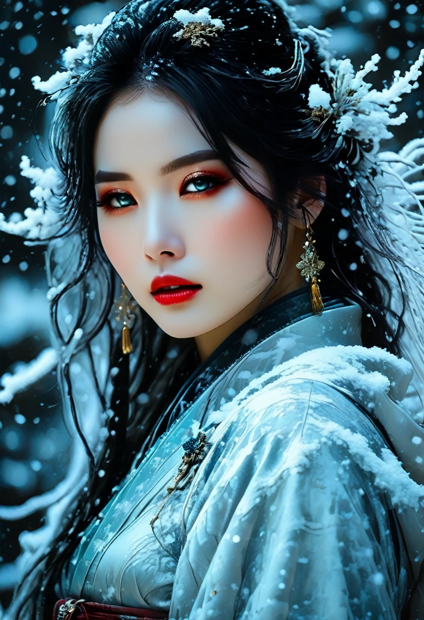 Detailed, masterpiece, professional, bold colors, awe inspiring, photography inspired by Jeremy Mann, 30mm shot, yuki-onna, japanese snow spirit, female, cold ethereal beauty, burial robe, long black hair, pale skin, glowing eyes, winter, snow, haunting, supernatural, stygical, demonic expression, luminous very detailed hyperdetailed ultra-detailed