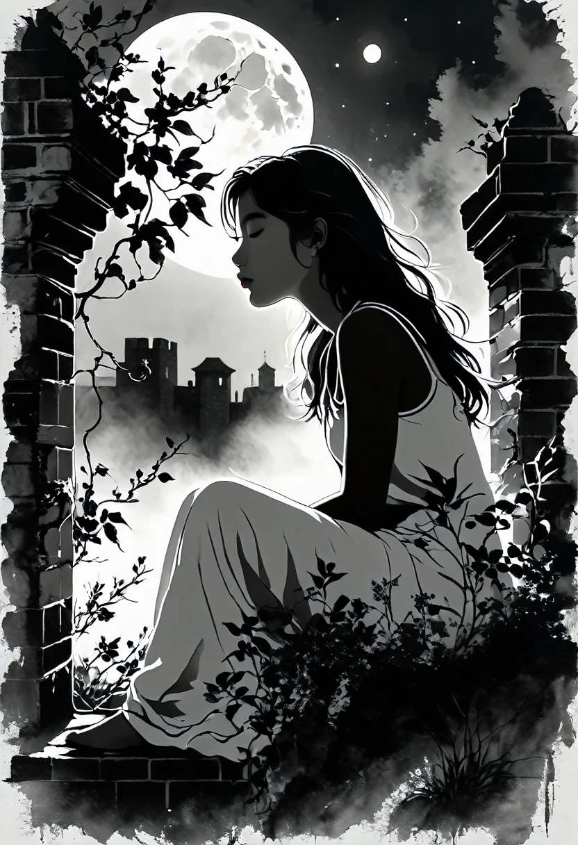 ArsMJStyle, Zen Ink Wash Sumi-e, flowering honeysuckle vine growing up a crumbling brick wall, silhouette of a  young girl sitting on top of the wall, backlit by an enormous moon, monochrome, greyscale, minimalistic, white background, no humans, nature, traditional media, ink, solo, botanical.