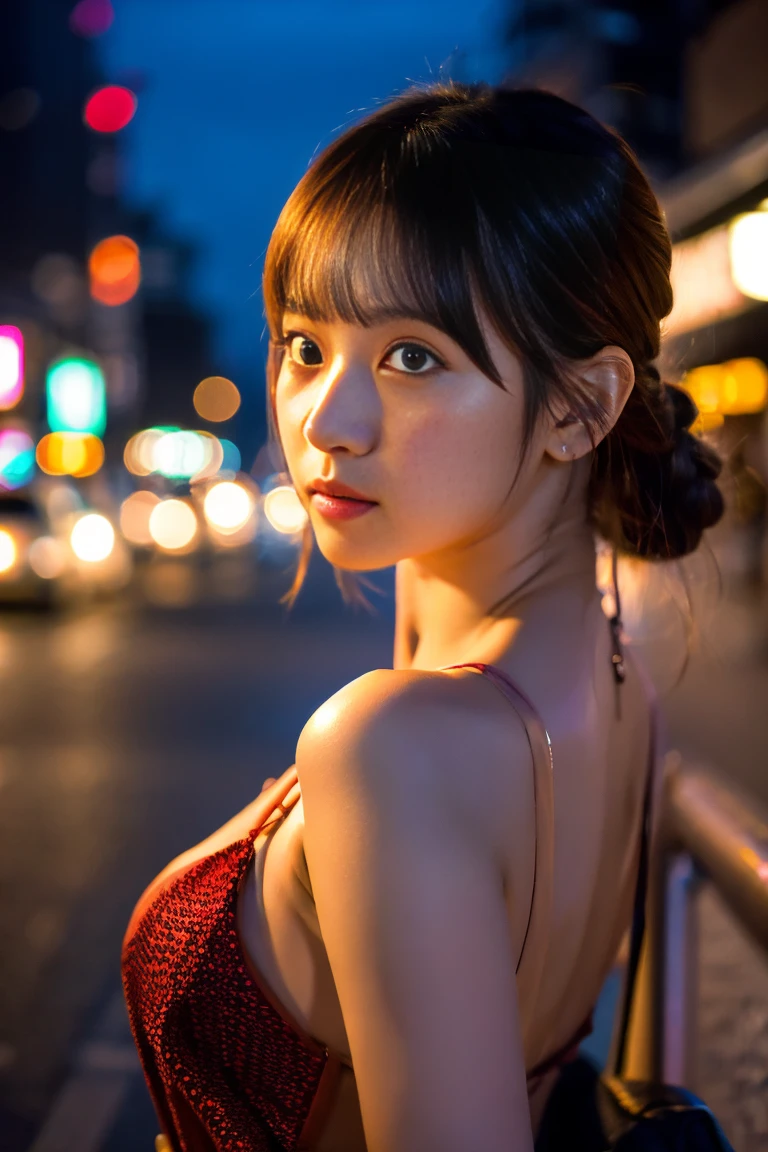 Single girl, summer, city, Osaka street, evening, city lights, upper body, close-up, 8k, RAW photo, highest quality, masterpiece, real, photorealistic,