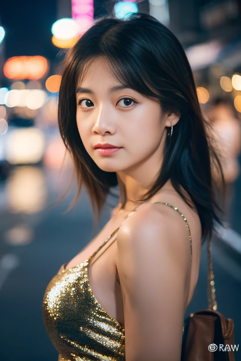 Single girl, summer, city, Osaka street, evening, city lights, upper body, close-up, 8k, RAW photo, highest quality, masterpiece, real, photorealistic,