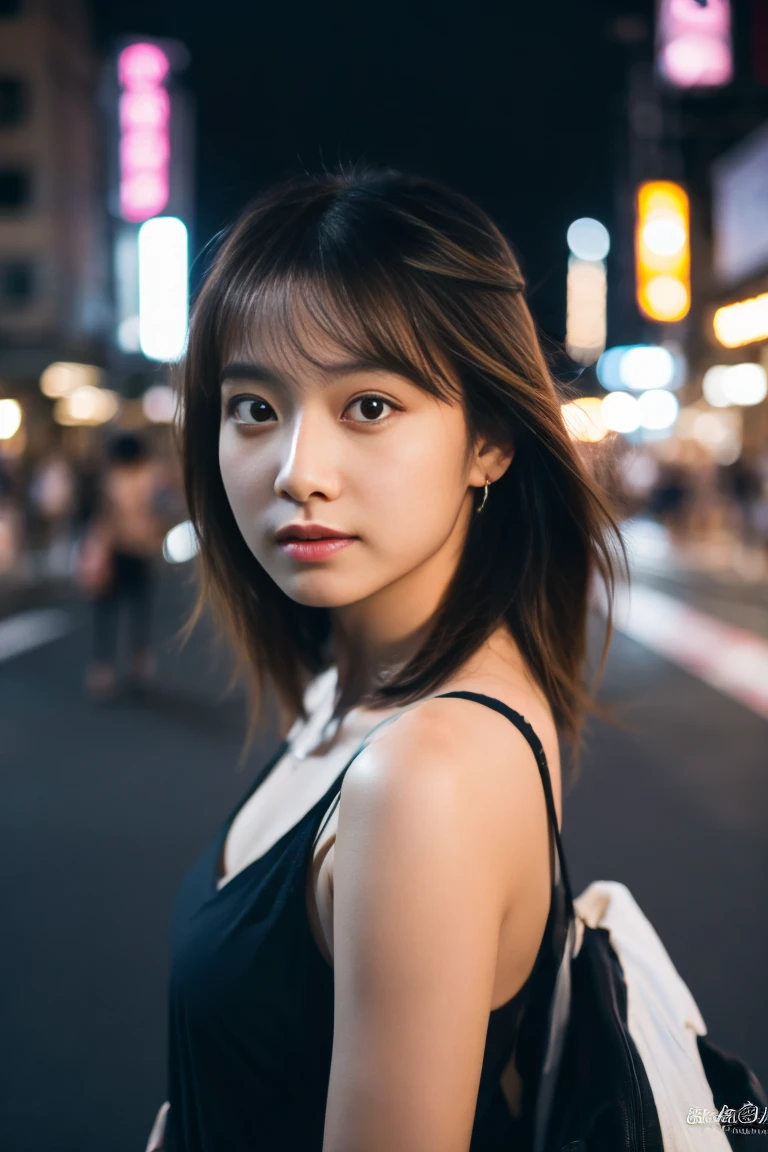 Single girl, summer, city, Osaka street, evening, city lights, upper body, close-up, 8k, RAW photo, highest quality, masterpiece, real, photorealistic,