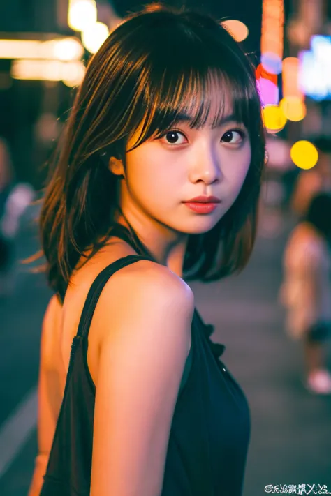 single girl, summer, city, osaka street, evening, city lights, upper body, close-up, 8k, raw photo, highest quality, masterpiece...