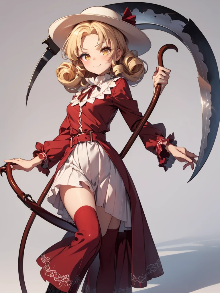 a drawing of an anime character in a red dress and boots with a large scythe, ((high end)), (UHD picture), (best quality,4k,8k,highres,masterpiece:1.2), top-quality(​masterpiece), top-quality, ultra-detailed, highly detailed texture, intricate details, high quality textures, masterpiece, best quality, perfect quality, perfect anatomy, perfect body, perfect symmetrical face, perfect hands, perfect feet, (two arms:1.2), (two legs:1.2), (five fingers each:1.2), (perfect joint:1.2), perfect joint movement, precise fingers and hands, 1 beautiful girl, 1 girl, alone, solo, , 10 years old, (((loli))), ((childish)), hat, white hat, blonde hair, long hair, parted bangs, drill hair, well-formed face, yellow eyes, maxi dress, red dress, dress, long sleeves, frills, long skirt, simple background, scythe, holding scythe, holding, white socks, smile, cute face, beautiful, holding scythe