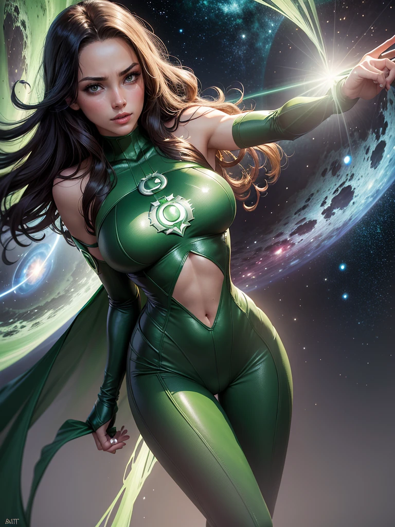 A beautiful woman in style, Green Lantern (in English: Green Lantern) is a DC Comics superhero. Created by Martin Nodell and Bill Finger, the original Green Lantern was recast as a new superhero with the same name in the 1960s, the original character became known by the name his parents called Alan Scott and for a time adopted the identity from Sentinela (Brazil).
The current Green Lantern, founding member of the Justice League of America. This time, she helped cement the new Green Lantern as a popular hero, with a more cosmic theme.
lined lips, green bodysuit, covered navel, makeup,
muscular, tight skin, All green uniform, muscular female, green bodysuit, yellow bodysuit,
Looking at the Viewer, (medium breasts: 1.4), (hanging breasts: 1.3), (full breasts: 1.4), (realism: 1.5), (Realisitc: 1.4), (Absurdity: 1.4), (more cosmic theme: 1.3 ), 8k, ultra-detailed, Detailed beautiful woman, (Only one:1.4), 1girl, (Viewer facing:1.2), super sexy,