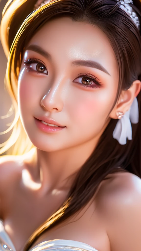 Super detailed realistic artwork, 8k, cinematic, impressive lighting, high resolution, 8k, professional layout (realistic masterpiece, best quality: 1.2), a beautiful, cute, adorable young Asian girl, lightly made-up face, sparkling double eyelids are the highlight that attracts the viewer, sexy standard body combined with sexy dress attracts all eyes.