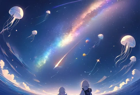 milky way, rocket, jellyfish, shooting star, cute art. little, digital art. pleasant tranquility, more