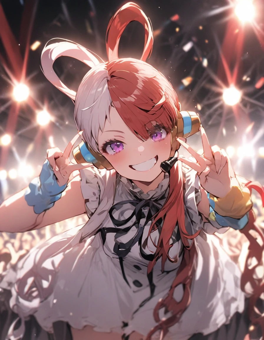 masterpiece、1 girl, Uta, red and white hair、((stand microphone))、smile、live stage background、lots of spotlights, (focus on the face), (((make a V sign with her fingers)))