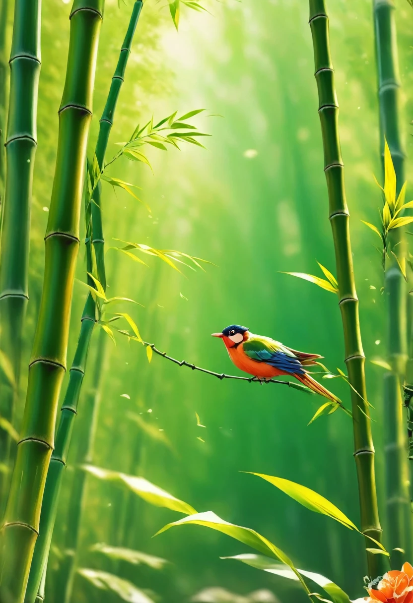 bamboo forest，unmanned，bird，,uhd, masterpiece, high details, high quality, best quality, highres