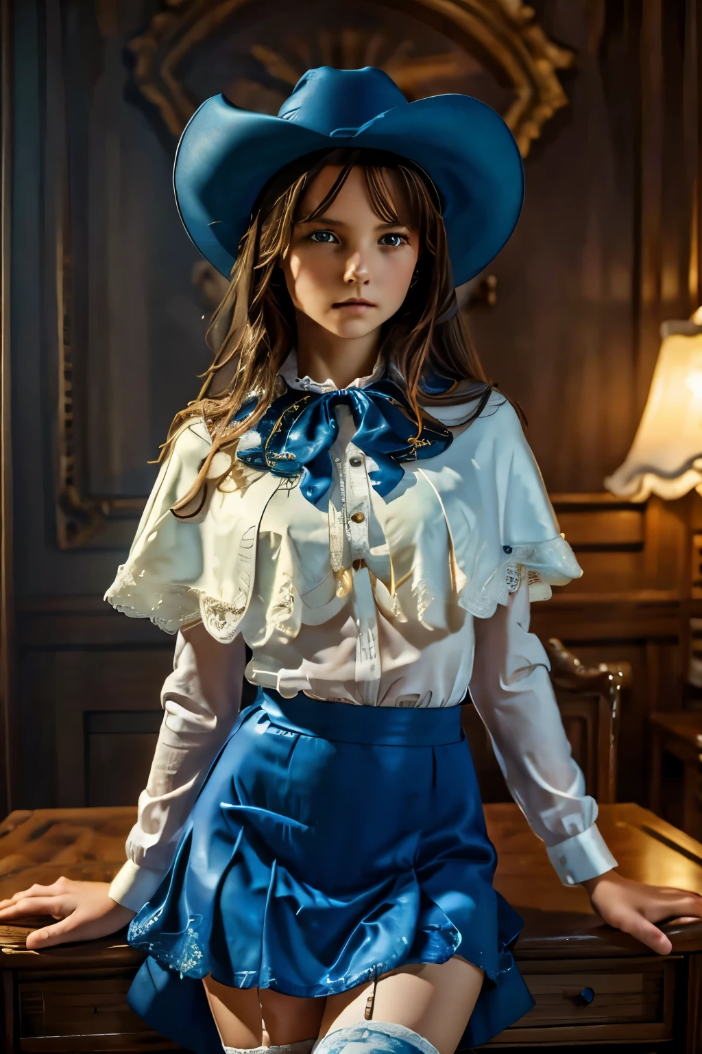 (masterpiece, best quality:1.2), cowboy shot, solo, 1girl, charlotte aulin, expressionless, closed mouth, looking at viewer, ascot, capelet, skirt, blue thighhighs, highly detailed, photorealistic, cinematic lighting, intricate details, vibrant colors, elegant, studio lighting, hyper detailed facial features, porcelain skin, flawless, chiaroscuro, atmospheric, dramatic