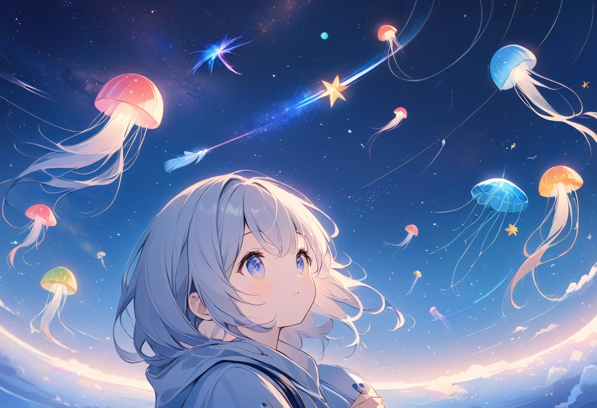 Milky Way, rocket, jellyfish, shooting star, Cute art. Little,look up,woman. Digital Art. Pleasant tranquility, more