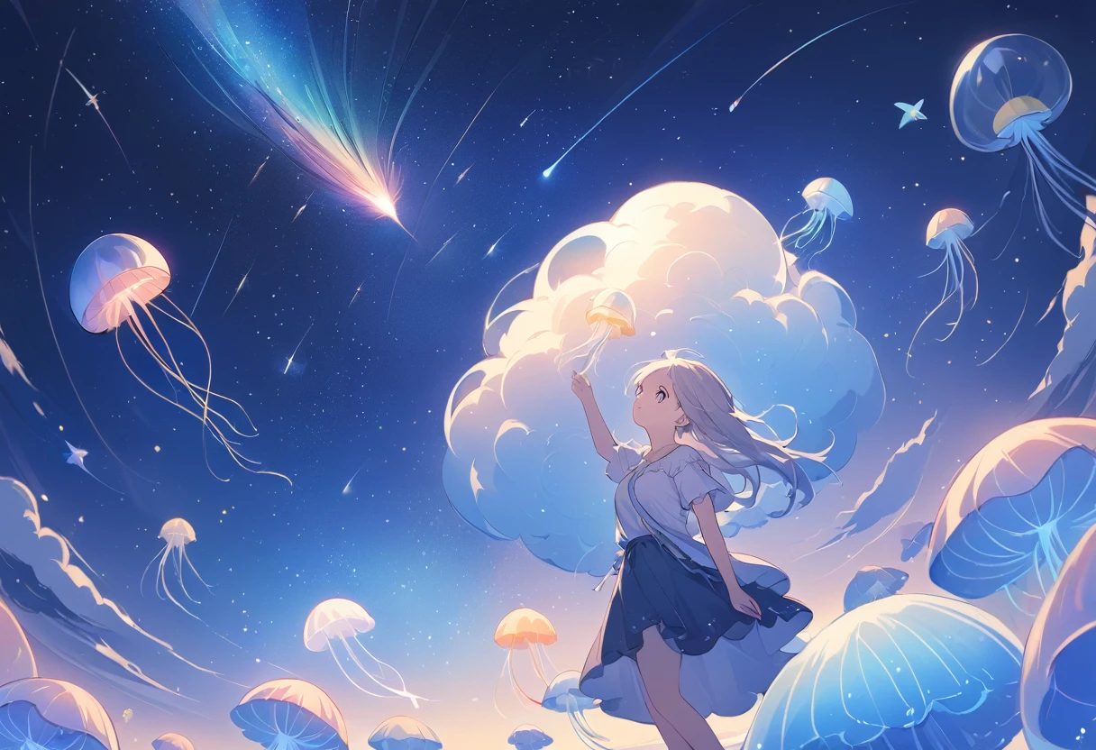 Milky Way, rocket, jellyfish, shooting star, Cute art. Little,look up,woman. Digital Art. Pleasant tranquility, more