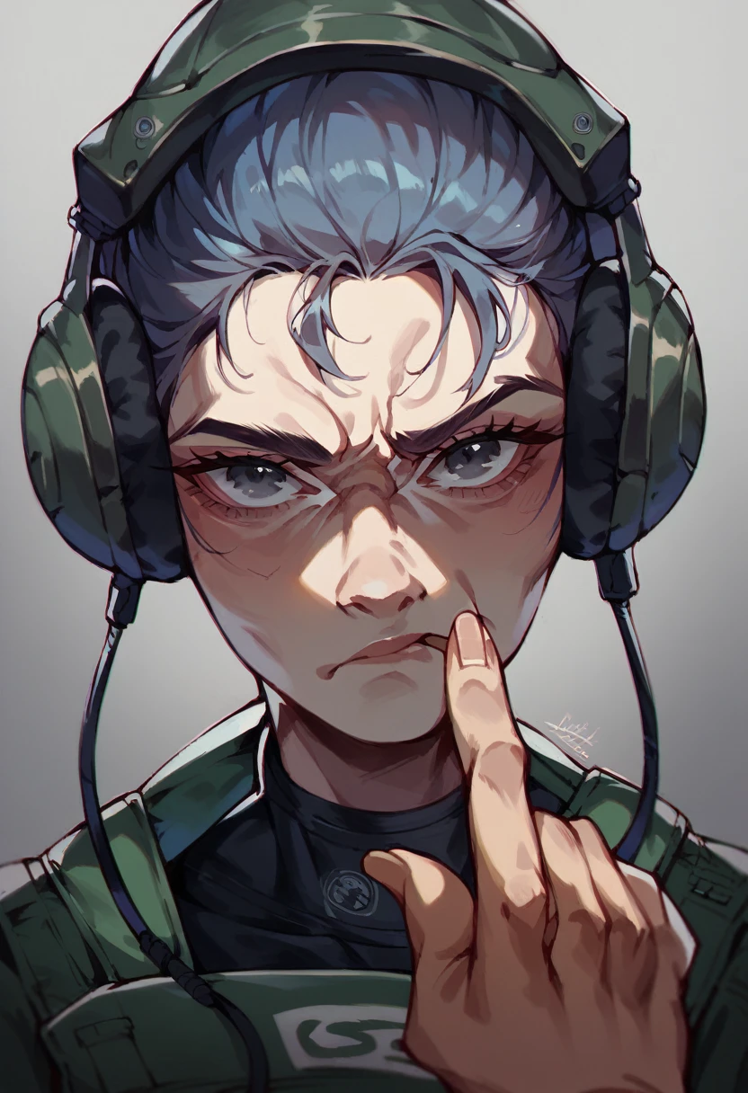 score_9,score_8_up,score_7_up, neck hold pov, asian older woman Special Ops in black tight tactical stealth suit, slight wrinkles. headphones, serious expression, one messy bun with dark greying hair, grey eyes, empty dark millitary base,finger to mouth, shushing