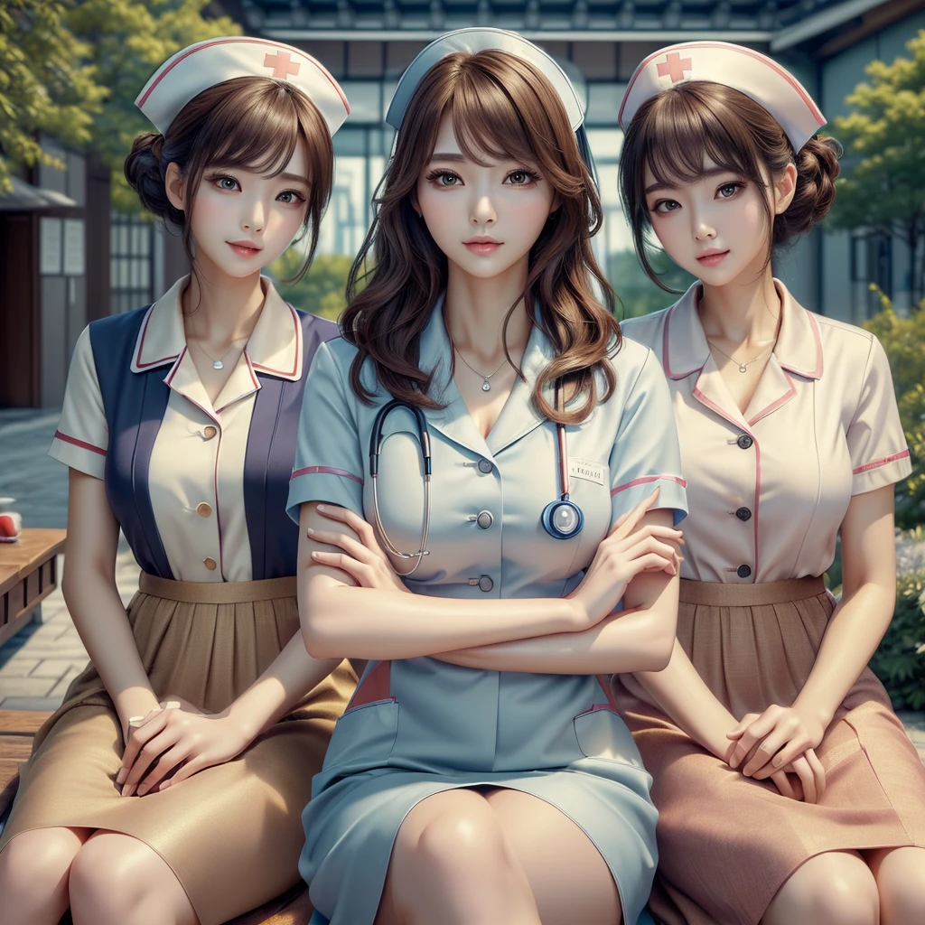 (best quality, masterpiece:1.5), (ultra-detailed, realistic:1.37),4K,(3woman:1.5),korean,cute,beautiful,(nurse uniform:1.2),(doctor),(skirt),(big breast),(bra),crossed legs