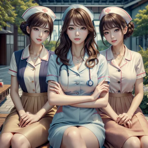 (best quality, masterpiece:1.5), (ultra-detailed, realistic:1.37),4k,(3woman:1.5),korean,cute,beautiful,(nurse uniform:1.2),(doc...