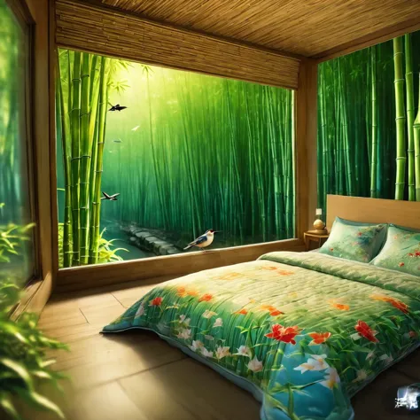 bamboo forest，unmanned，bird，，wide-angle lens，window，ground，quilt，pillow，night view，大玻璃window,uhd, masterpiece, high details, hig...