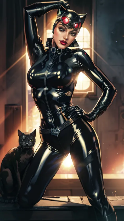 straight-on,pose,looking at viewer,solo, break, 
dc_catwoman_comic_bodysuit, www.ownwaifu.com, 
breasts, lips, green eyes, large...