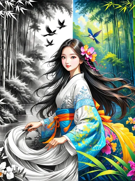 one beautiful female dancer, floating clothes, flowing long hair,dynamic poses,

((bamboo forest))，[[[orchid]]]，[[[bird]]]，works...