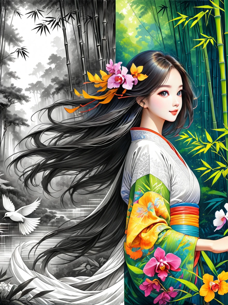 One beautiful female dancer, Floating clothes, Flowing long hair,Dynamic poses,

((bamboo forest))，[[[orchid]]]，[[[bird]]]，Works should be rendered in pencil sketch style，Transition from black and white on the left half to bright colors on the right half，Ensure seamless integration between the two halves，No dividing line，The scene is the same on both sides，Black and white pencil detail on left side，Right fill color，The mixture formed in the whole image，Perfect details, Strong contrast between light and dark