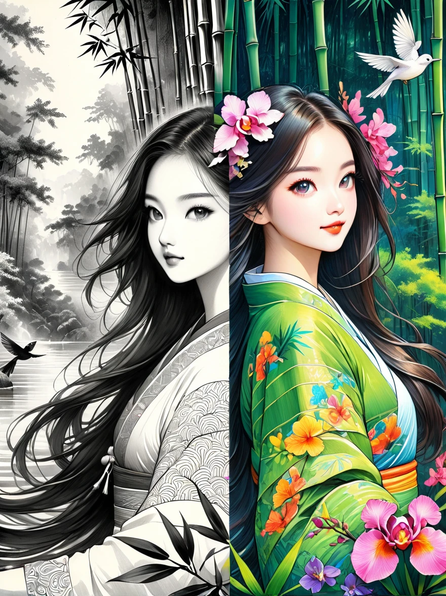 One beautiful female dancer, Floating clothes, Flowing long hair,Dynamic poses,

((bamboo forest))，[[[orchid]]]，[[[bird]]]，Works should be rendered in pencil sketch style，Transition from black and white on the left half to bright colors on the right half，Ensure seamless integration between the two halves，No dividing line，The scene is the same on both sides，Black and white pencil detail on left side，Right fill color，The mixture formed in the whole image，Perfect details, Strong contrast between light and dark