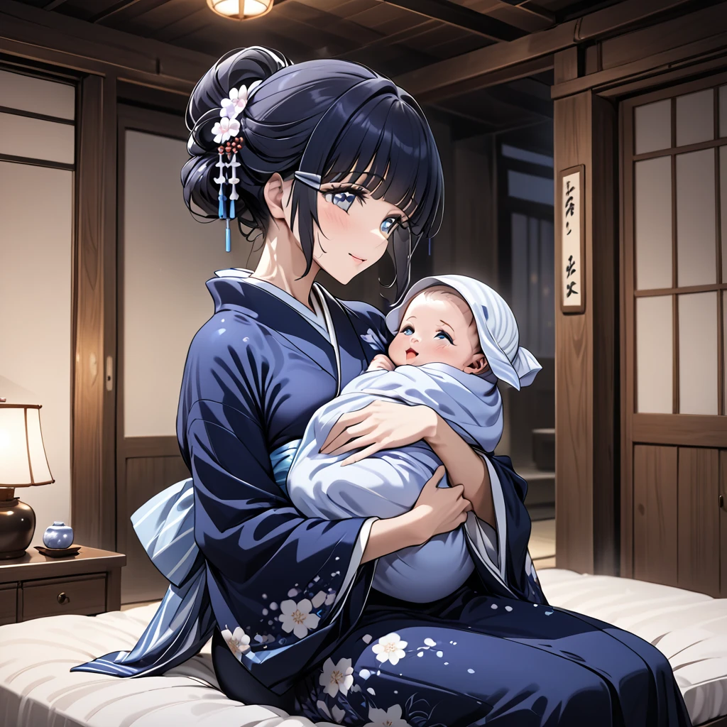 ((The woman is leaning against an old man, holding a baby.))、((Highest quality)), ((masterpiece)), (detailed), （Perfect Face）、The woman is Aoki Reika, with midnight blue semi-long hair, wearing a luxurious and glittering kimono, her hair tied in a Japanese style, and she is wearing an engagement ring.、The woman is happily nestled against her elderly husband in their traditional Japanese-style bedroom at night, cuddling their baby.、The old man is wearing an engagement ring