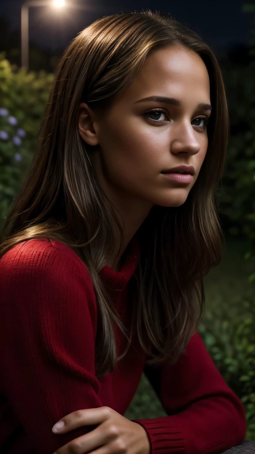 Foto hiperrealista en primer plano de Alicia Vikander, masterpiece, best quality, (photorealistic:1.4), portrait photo, red sweater, night in garden, during the night, dark night, during night, cinematic light, beautiful woman, skinny, medium breasts, straight dark blond hair, detailed face, photo taken from a distance, age 20 years old