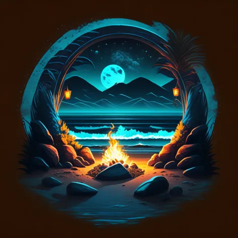 a firepit in a beach at night, t-shirt design, midjourney, vector art, hydro74