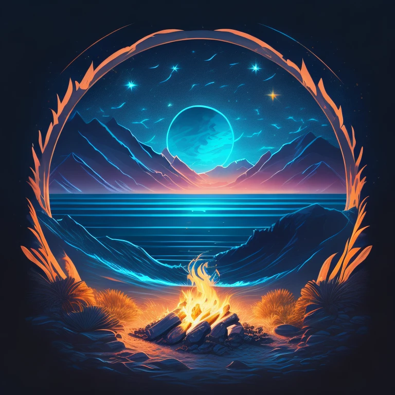 A firepit in a beach at night, T-shirt design, Midjourney, Vector Art, Hydro74