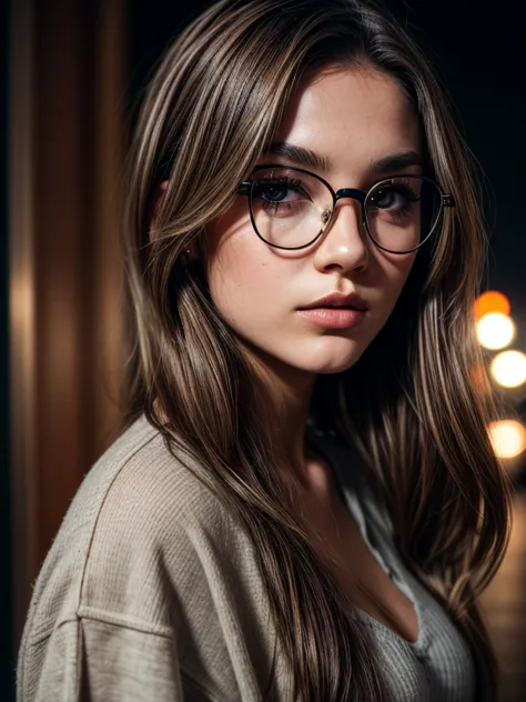 a beautiful 23-year-old woman, light brunette, close-up, girl next door, baggy clothes, makeup, lips, glasses, night, messy hair...