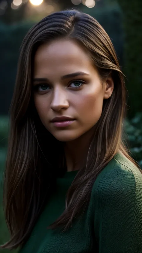 foto hiperrealista en primer plano de alicia vikander, masterpiece, best quality, (photorealistic:1.4), portrait photo, green sl...