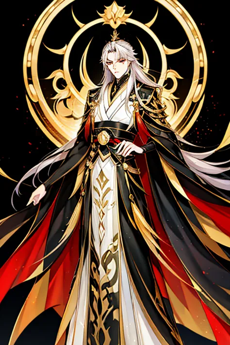 handsome, standing alone, a man (cold expression), long silver white hair, đôi yellow eyes sắc sảo, deep dark golden eyes, brigh...