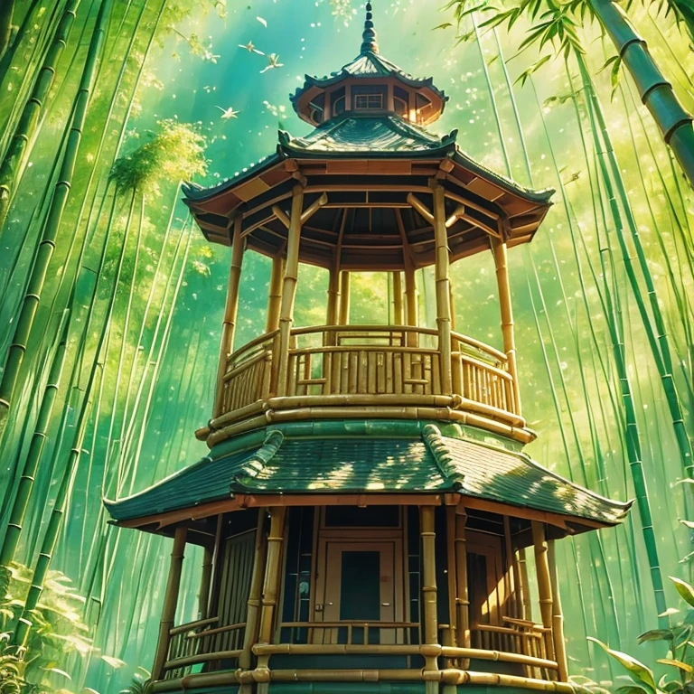 bamboo forest，unmanned，bird，，Wide-angle lens，Gazebo,uhd, masterpiece, high details, high quality, best quality, highres