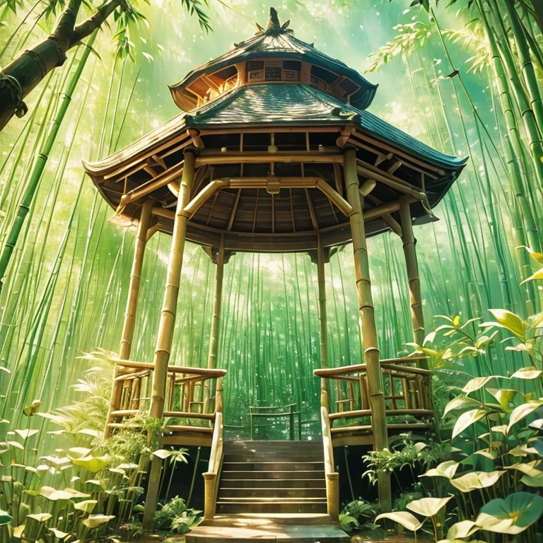 bamboo forest，unmanned，bird，，Wide-angle lens，Gazebo,uhd, masterpiece, high details, high quality, best quality, highres