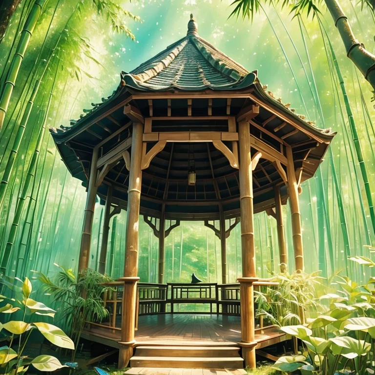 bamboo forest，unmanned，bird，，Wide-angle lens，Gazebo,uhd, masterpiece, high details, high quality, best quality, highres